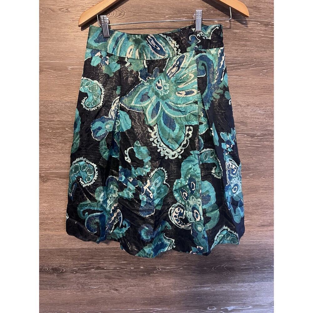 TORY BURCH SKIRT Pleated Floral Metallic Turquoise Black Sz 6 SILK Rayon